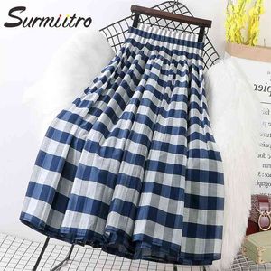 Spring Summer Cotton Long Pleated Skirts Women Korean Style Vintage Stripe Aesthetic High Waist Midi Skirt Female 210421