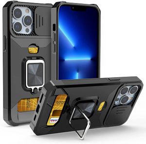 Militärklass kortplats Wallet Cases Sockproof Ring Stand Slide Camera Cover för iPhone 15 14 13 12 11 Pro Max XR XS 8 Plus Samsung S21 Fe S22 Ultra A12 A22 A32 A52 A72