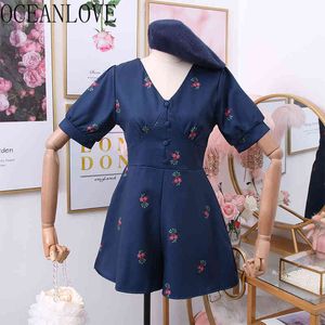 Print Ropa Mujer Floral High Waist Button V Neck Fashion Women Jumpsuits Short Sleeve Summer Bodysuit Slim 14514 210415