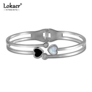 Lokaer Trendy Double Love Heart Cuff Rostfritt stål CZ Crystal Bangles Armband Shell Acrylic Bangle Smycken för Kvinnor B17002 Q0717