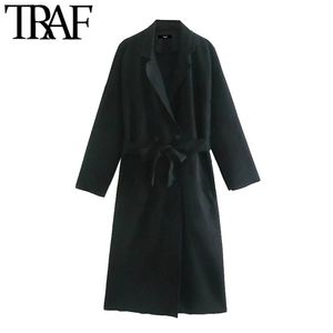 Kvinnor Mode med bälte Faux Suede Trench Coat Vintage Långärmade sidofickor Kvinnlig Ytterkläder Chic Overcoat 210507