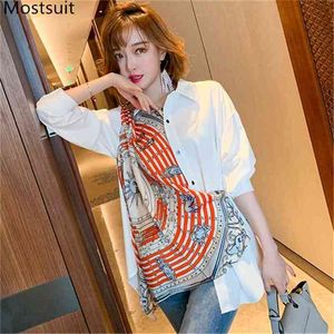 Plus Size Korean Fashion Printed Scarf Spliced Shirts Blouses Women Long Sleeve Turn-down Collar Casual Office Tops Blusas 210513