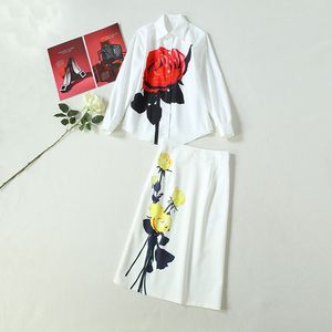 Elegante floral floral mulheres flor impressão botão acima de camisa branca terno superior + saia midi escritório senhoras 2 pcs vestuário conjunto 210416