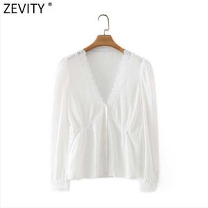 Zevity Women Sexy Deep V Neck Lace Patchwork Smock Blouse Damies Puff Sleeve Casual Slim Shirts Chic Blusas Tops LS7627 210603