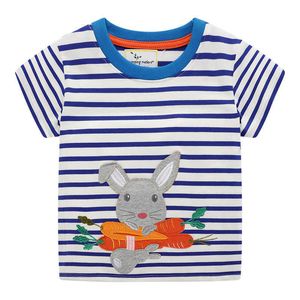 Jumping meters Animals Applique Girls T shirts Stripe Summer Baby Clothes Fashion Cotton Kids Tees Tops 210529