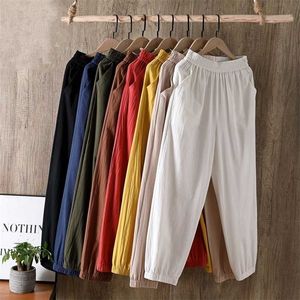 Spring Summer Woman Cotton Linen Pants Elastic Waist Solid Harem Ankle-length s Trousers Bloomer Pencil 211115