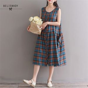 Mori menina verão mulheres vestidos soltos casuais O-pescoço sem mangas cintura alta plus size meados de vitela xadrez vestido vintage vestidos 210520