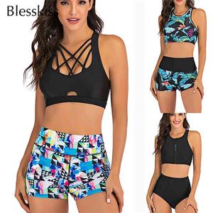 Sport Hohe Taille Bikini Frauen Bademode Sexy Crop Top Plus Größe Badeanzug Schwimmen Anzug Badeanzug Set mit Shorts 210625