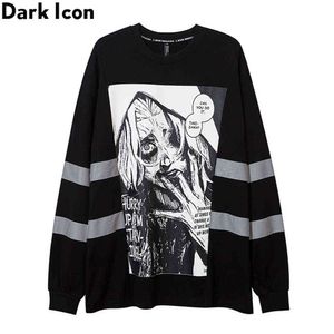 Reflective Stripe Long Sleeved T-shirt Men Women Oversized Hiphop Tshirts Cotton Tee Man Cloth 210603