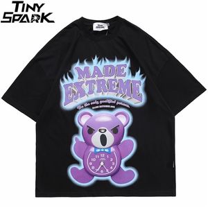 Hip Hop Men Oversize T Shirt Streetwear Bear Clock Letter Print Tshirt Harajuku Cotton Loose Summer Short Sleeve T-Shirt Black 210716