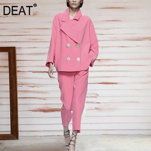 {DEAT} Pantaloni a matita Abito a due pezzi Nuovo risvolto Manica lunga Vestibilità ampia Alta donna Bottoni rosa Moda Marea Estate 7E1788 210428