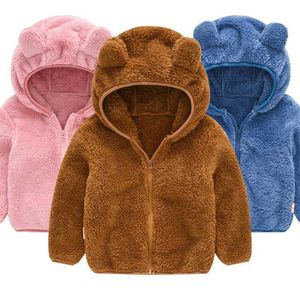 Ubrania dla niemowląt Jesień i zima Gruba Ciepła Kurtka Chłopcy Dziewczyny Czysta Kolor Wełny Sweter Z Kapturem Dziecko 211203