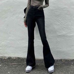 Streetwear Y2K schwarze Jeans für Mädchen dünne weibliche Mode Frauen Flare Denim Hosen hohe Taille Hose Harajuku Capris Taschen 210510