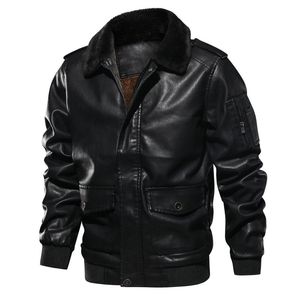 Męskie Futro Faux Mężczyźni Motocykl PU Skórzana Kurtka Zimowa Ciepła Luksusowa Polar Retro Coat Collar Biker Bomber Pilot Eurosize