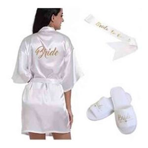 3pc Set av Glitter Gold Satin Short Bride Tofflor Bridal Sash Peignoir Women Bridal Party Kimono Robe