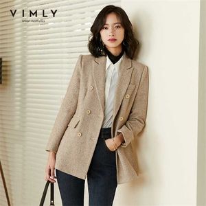 Vimly Women's Blazer Retro Double Breasted Solid Wool Jackets Autumn Winter Notched Work Wear Coats Lady Outwear Tops F3125 211104
