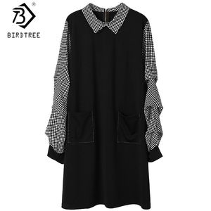 플러스 크기 격자 무늬 패치 워크 여성 봄 가을 긴 소매 턴 다운 칼라 패션 숙녀 MIDI Tshirt Dress D0D323N 210416