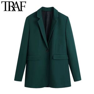 TRAF女性のファッションオフィス着用シングルボタンブレザーコートヴィンテージ長袖背中ベント女性アウターシックなベス210415