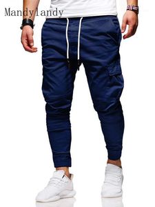 Mandylandy outono inverno moda esportes cross-calça homens casual cintura mid-cintura cor sólida lace-up bolso jogging lápis calças
