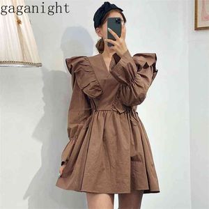 GAGAnight Kore Moda Kadınlar Mini Kısa Ruffles Elbise Uzun Kollu V Boyun Katı Kız Elbise Chic Yaz Bahar Vestidos Slim 210409