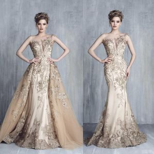 Tony Chaaya 2021 Aftonklänningar med avtagbara tåg Champagne Pärlor Mermaid Prom Lugnar Lace Applique Luxury Party Dress Robes de Soirée