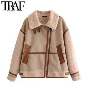 TRAF Women Fashion Patchwork Faux Fur Oversized Jacket Coat Vintage Långärmade fickor Kvinnliga Ytterkläder Chic Toppar 210415