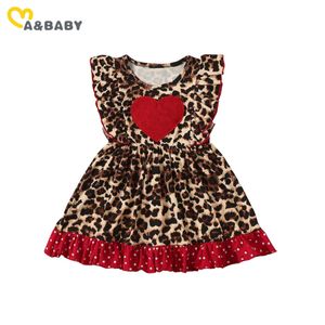 1-6y Walentynki Sukienka Dla Dziewczyn Maluch Kid Dziecko Dziewczyna Czerwone Serce Ruffles Leopard Bez Rękawów 210515