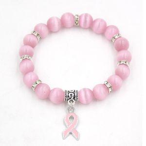 Krebs Perlen Für Armbänder großhandel-Pack Brustkrebs Bewusstsein Schmuck Weiß Rosa Opal Perlen Armband Ribbon Charme ArmbänderBangles Armbänder