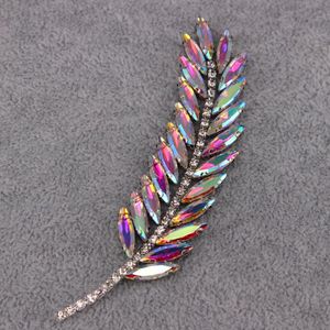 Pins, Brooches 9.5x2.5cm AB Rhinestone Leaves Feather Fashion Embroidered Patch Iron On Sewing Crystal Applique For Suit Dress Jewelry