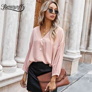 Drop Shoulder Button Front Curved Hem Women Blouse Shirt Höst V Neck Solid Office Ladies Casual High Low Tops 210510