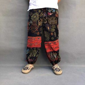 Men Casual Pants Chinese Ethnic Print Baggy Cotton Linen Elastic Waist Trousers Men Joggers Harem Pants Pantalon Hombre X0723