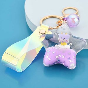New Milk In Oil Liquid Five-pointed Star Car Keychain Woman Cartoon Floating Key Ring Bag Pendant Girl Gift Keychain Accessories G1019