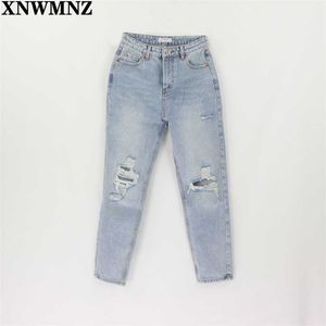 Za Vintage mom jeans donna a vita alta strappato fidanzato per le donne pantaloni in denim blu invecchiato stile coreano 211112