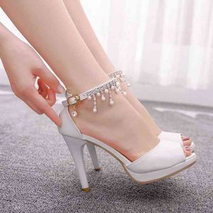 Sandels 2018 Summer New Stiletto High Heeled Fih Mouth Women Tael Beaded Sandal One Word Buckle Caual Work Shoe 220303