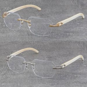 Wholesale Classic Styles Rimless Metal Frame Optical White Genuine Natural Buffalo Horn Eyeglasses 18K Gold Frame 3524012 Square Diamond cut Lens Eyewear Size:58