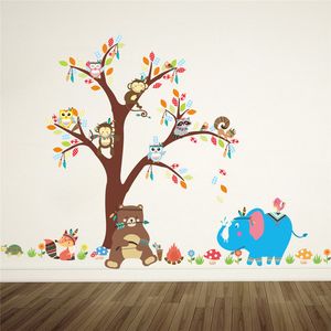 Cartoon Forest Animals Owl Monkey Bear Elephant Tree Wall Stickers för barn Rum Pojkar Barnrum Väggdekaler Heminredning 210420