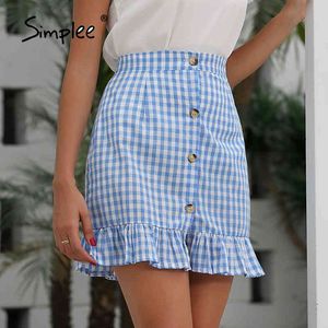 Casual Plaid Mermaid Mini Skirt Elegant Ruffled Button Summer Women Bottom Fashion Office Ladies Skirts 210414