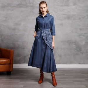 Johnature Kvinnor Denim Klänningar Patchwork Bandage Oregelbundna fickor Blå Höst Knapp Nedgång Krage Kvinna Vintage Dress 210521