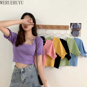 WERUERUYU Vintage Short Sleeve Knitted T-shirts Girls Crop Thin Knitwear For Student Summer 210608