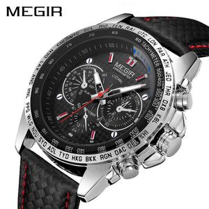 MEGIR Sport Mens Watches Top Brand Luxury Quartz Men Watch Fashion Casual Black PU Strap Clock Men Big Dial Erkek Saat 1010 X0625