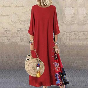 New Arrive Women Long Sleeve Linen Print O neck Summer Loose Dress Cotton Long Elegant Plus Size Dresses for Women Y1006