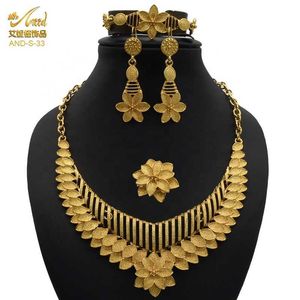 Aniid Leaf Smycken Set Luxury Halsband Bridal Örhängen För Kvinnor Indiska Smycken Hawaiian Guld Ringar Armband Afrikansk Bröllop H1022