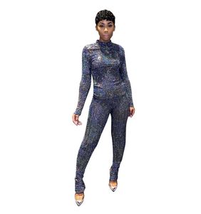 Женские трексуиты плюс размер Sequin Cousssuit Stand Collor Slim Fit с длинными рукавами двух частей наряды костюм шикарная одежда блестящие топы брюки