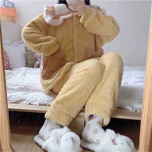 Höstgul All Match Söt Chic Mode Söt Tjejer Varm Homewear Nattkläder Oversize Loose Pajamas Sets 210525