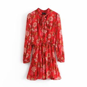 Beach style women chiffon dress fashion ladies bow collar es vintage female print red chic girls vestidos 210427