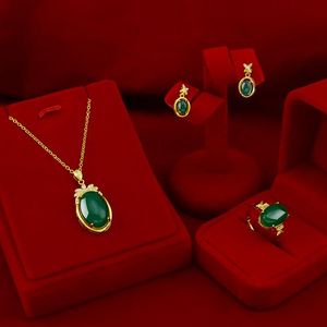 Natural Emerald Gemstone Gold Necklace Pendant 14k Yellow Jewelry Set Ring Stud Earrings For Women Wedding Jewery Bracelet, &