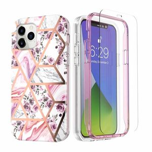 Geometric Flower Quartz Marble Plating Cases For Iphone 12 Pro Max 11 8 7 360 Full Metallic Hybrid Layer Soft IMD TPU Bumper Cover With Tempered Glass Screen Protector