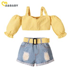 1-5y verão moda criança criança garota roupas de jogo fora de ombro listrado tops denim shorts jeans outfits chidren trajes 210515