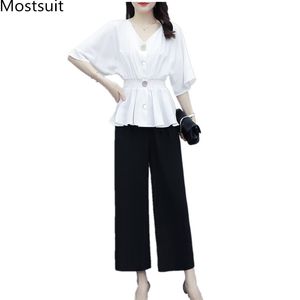 Escritório de Verão Moda Duas Peças Conjuntos Mulheres Único-Breasted Tunic Tops + Wide Leg Calças Suits Plus Size Coreano Casual 210518