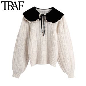 Women Fashion With Bow Velvet Peter Pan Collar Knitted Sweaters Vintage Lantern Sleeve Female Pullovers Chic Tops 210507